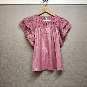 L A New Day Flutter Sleeve Eyelet Detail Top NWT